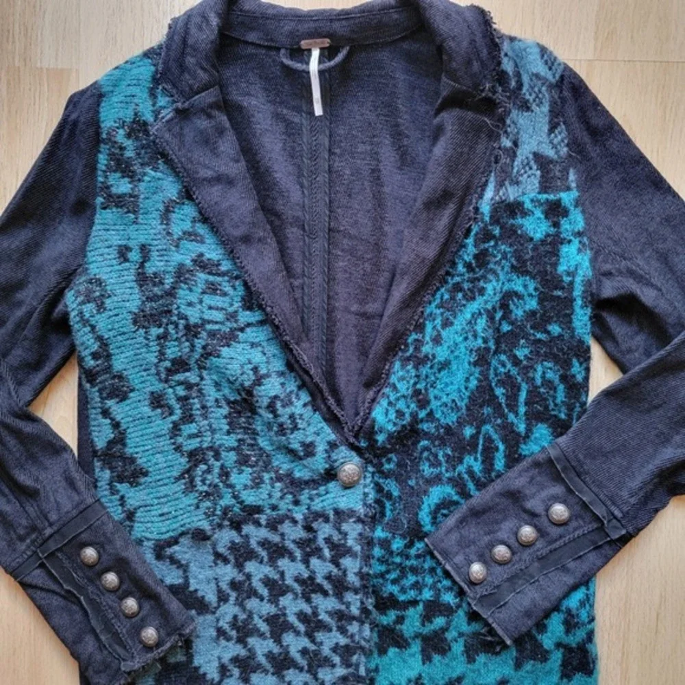 Free People Better Together‎ Teal Black Knit Front Blazer Jacket Wool Blend XS